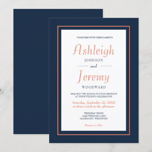 Convites Casamento Azul Naval e Coral Minimalista Moderno