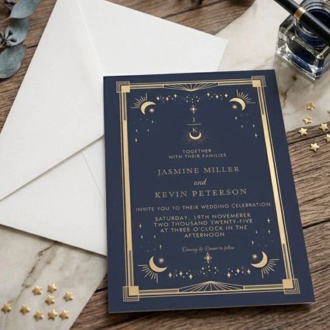 Convites Casamento Azul Naval Estrela Lua Mística Celestial (Criador carregado)
