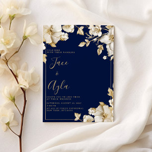 Convites Casamento azul naval floral em ouro branco de luxo