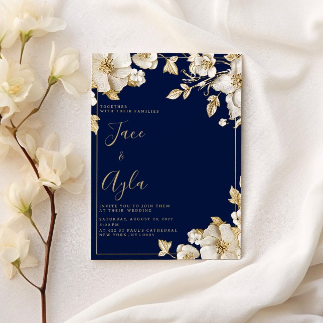 Convites Casamento azul naval floral em ouro branco de luxo (Luxury white gold floral navy blue Wedding )