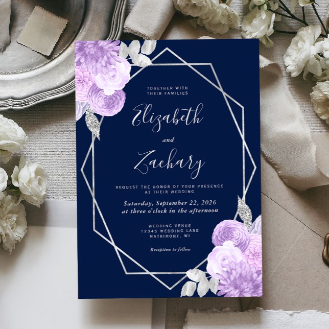Convites Casamento Azul Naval Floral Prata Lilás (Criador carregado)