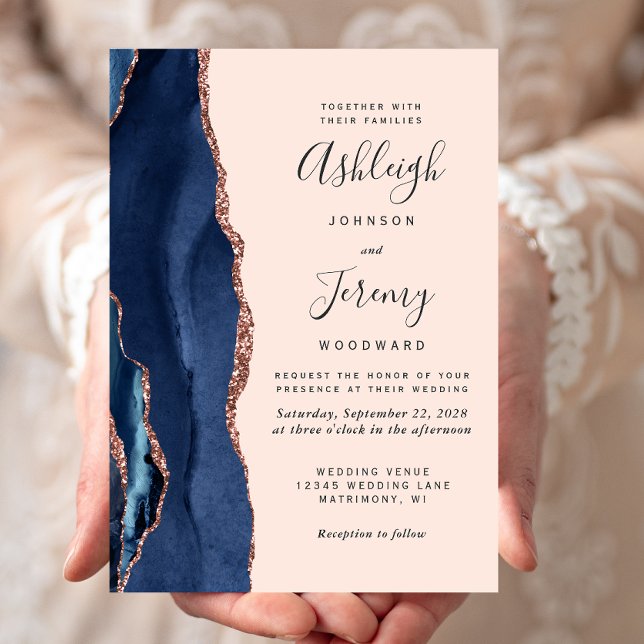 Convites Casamento Azul Naval Moderno Ágata Rosa Dourado (Criador carregado)