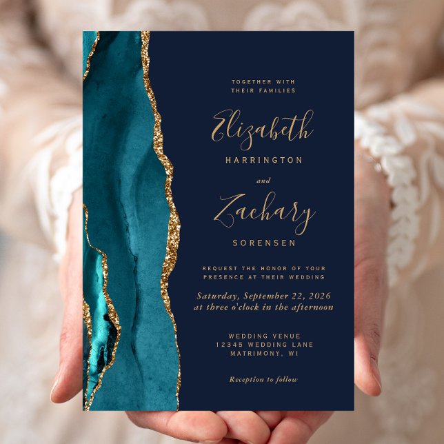 Convites Casamento Azul Naval Ouro Ágata Verde Moderno (Criador carregado)