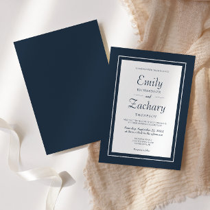Convites Casamento Azul-Navio e Branco Minimalista Moderno