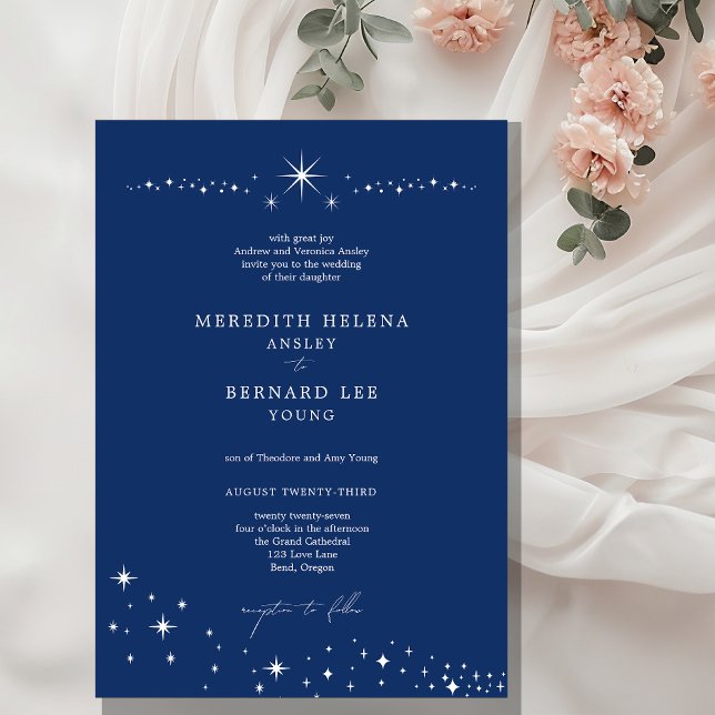 Convites Casamento Azul-Navy Celestial Elegante Formal (Criador carregado)