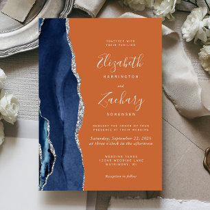 Convites Casamento Azul-Navy Prata Ágata Laranja Queimado M