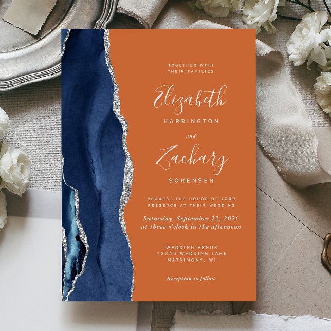 Convites Casamento Azul-Navy Prata Ágata Laranja Queimado M (Criador carregado)