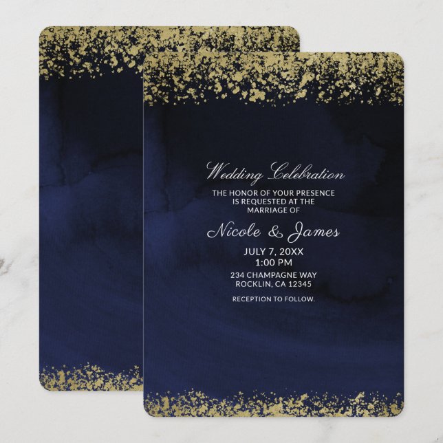 Convites Casamento Azul-Navy Temperamental com Aquarela Mod (Frente/Verso)