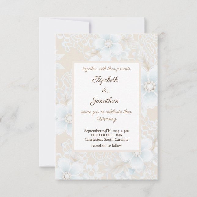 Convites Casamento Azul Neutro Floral em Renda Rústica Eleg (Frente)