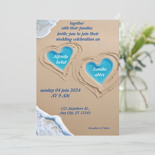 Convites Casamento azul oceânico com aquarela de verão (Em pé/Frente)