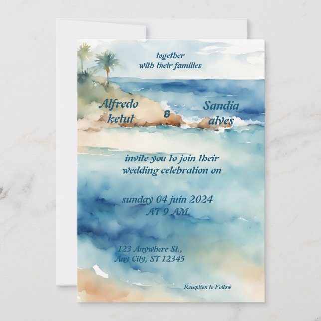 Convites Casamento azul oceânico com aquarela de verão (Frente)