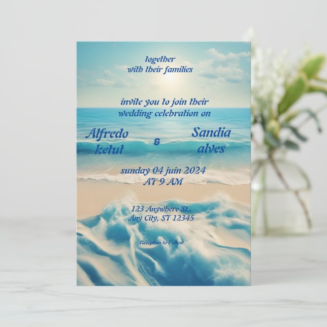 Convites Casamento azul oceânico com aquarela de verão (Em pé/Frente)