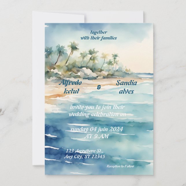 Convites Casamento azul oceânico com aquarela de verão (Frente)