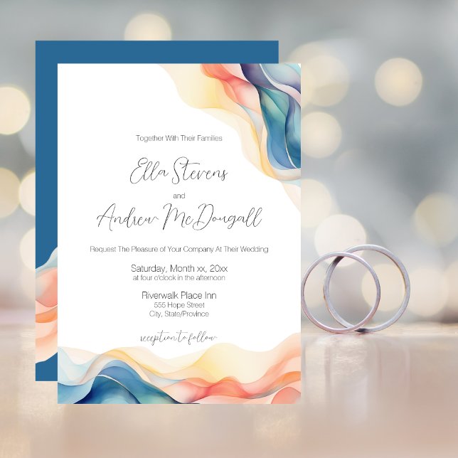 Convites Casamento Azul Onda de Cor Abstrato Moderna (Modern Abstract Color Wave Blue Wedding Invitation Card)