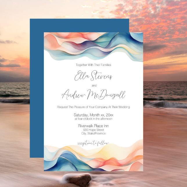 Convites Casamento Azul Onda de Cor Abstrato Moderna (Modern Abstract Color Wave Blue Wedding Invitation)
