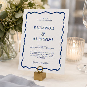 Convites Casamento Azul Ondulado Moderno Minimalista Retr