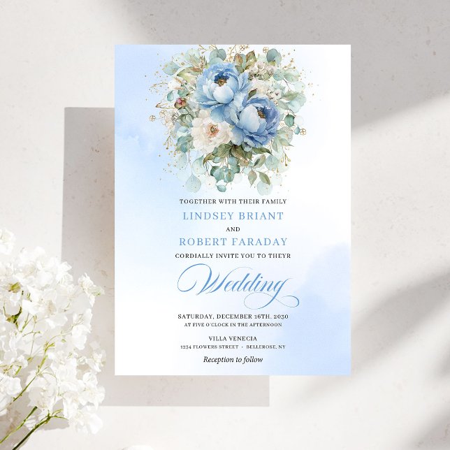 Convites Casamento Azul Pastel Suave Boho Branco Peônia Ver (Soft Boho Pastel Blue White Peony Greenery Wedding)