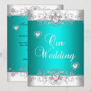 Convites Casamento Azul-Piscina Prata Branco Diamante Coraç