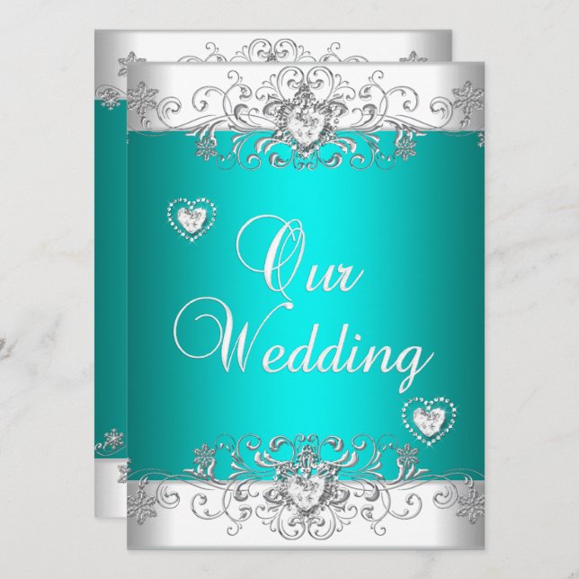 Convites Casamento Azul-Piscina Prata Branco Diamante Coraç (Frente/Verso)