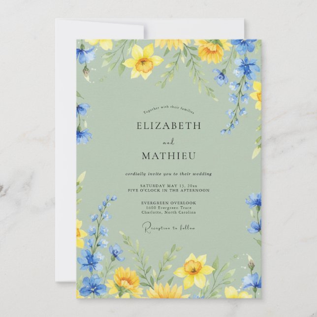 Convites Casamento Azul Pistache Narciso Eucalipto (Frente)