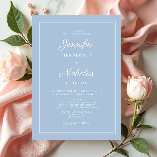 Convites Casamento Azul Pó Formal Elegante (Elegant Formal Blue Wedding Invitation)