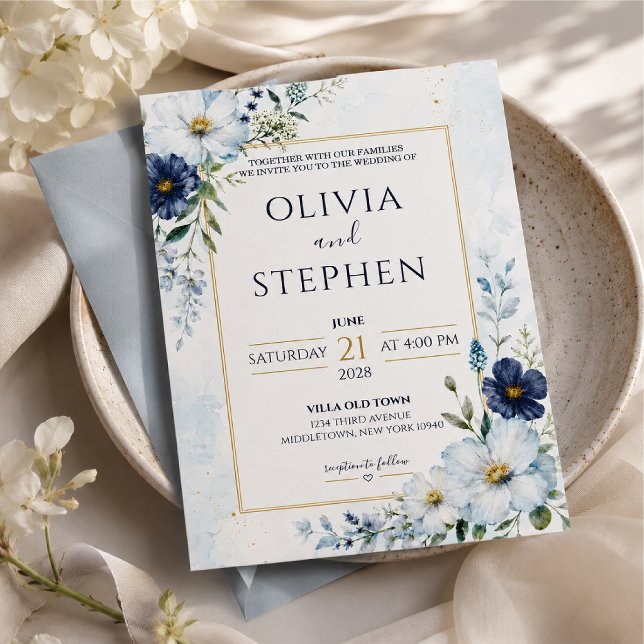 Convites casamento azul-pó personalizado e impresso (Criador carregado)