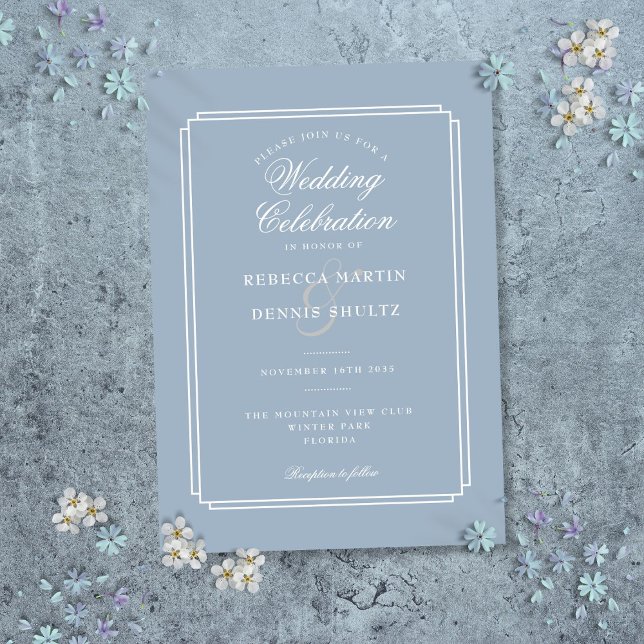 Convites Casamento Azul Poeira Clássico Art Déco (Classic Art Deco Dusty Blue Wedding Invitation)