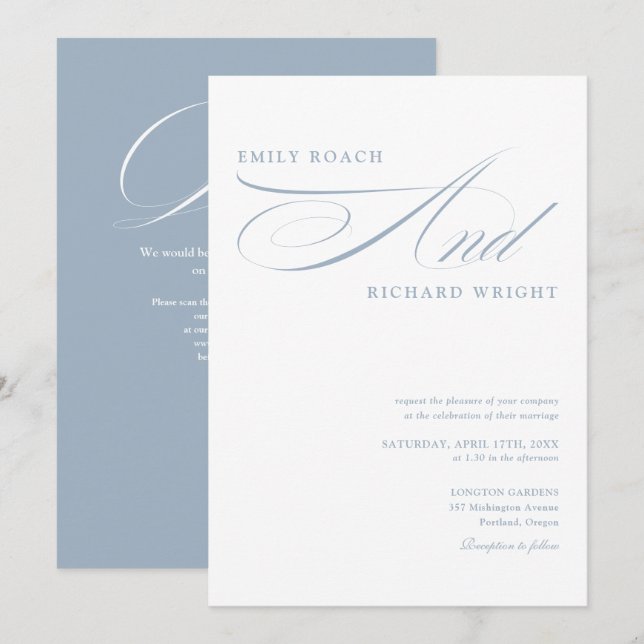 Convites Casamento Azul Poeira Código QR Moderno Elegante (Frente/Verso)