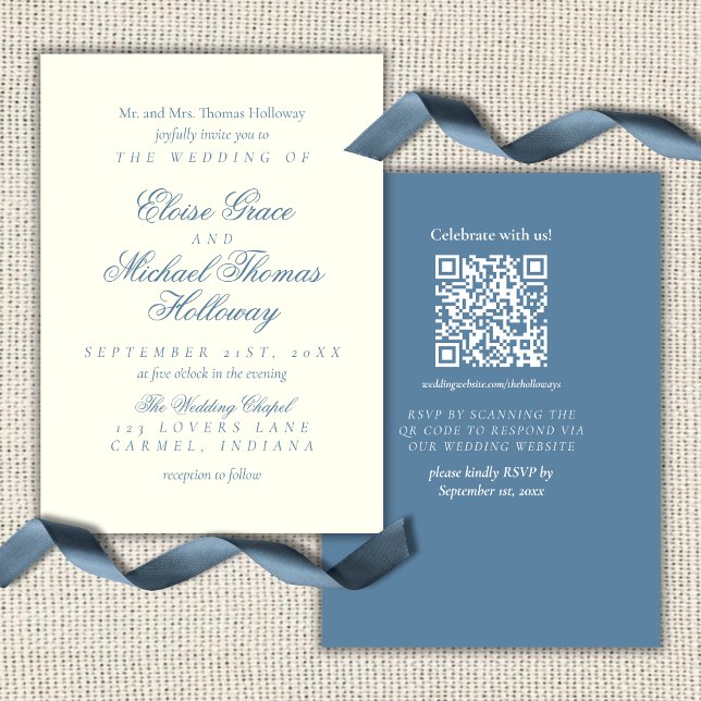 Convites Casamento Azul Poeirento de Roteiro Simples Elegan (Elegant Simple Script Dusty Blue Wedding Invitation)