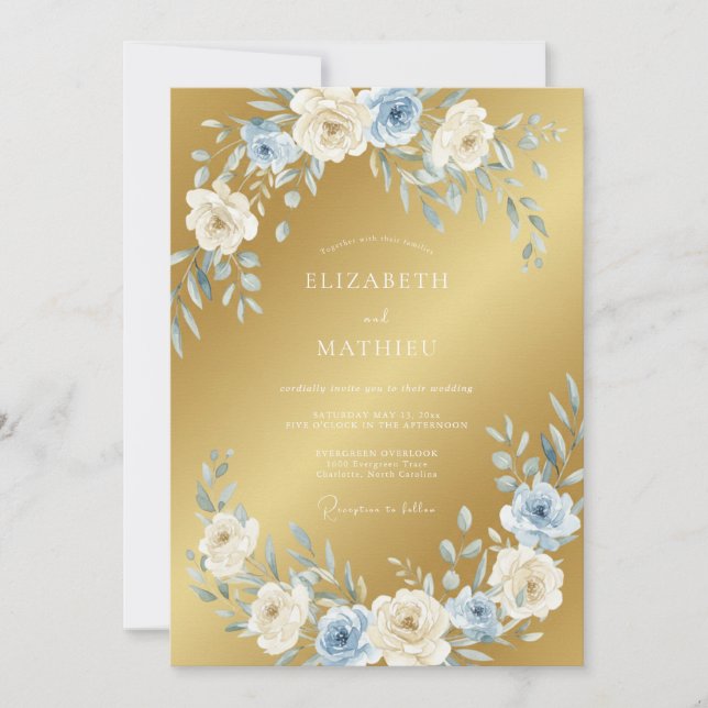 Convites Casamento Azul Poeirento Dourado Radiante (Frente)