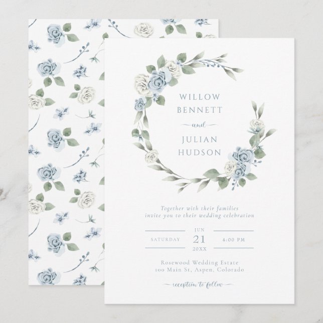 Convites Casamento Azul Poeirento Elegante (Frente/Verso)