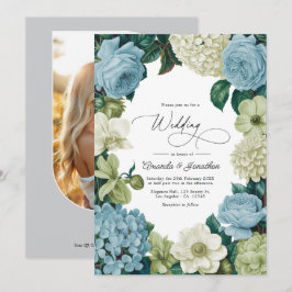 Convites Casamento Azul Porcelana, Sage Suave e Marfim