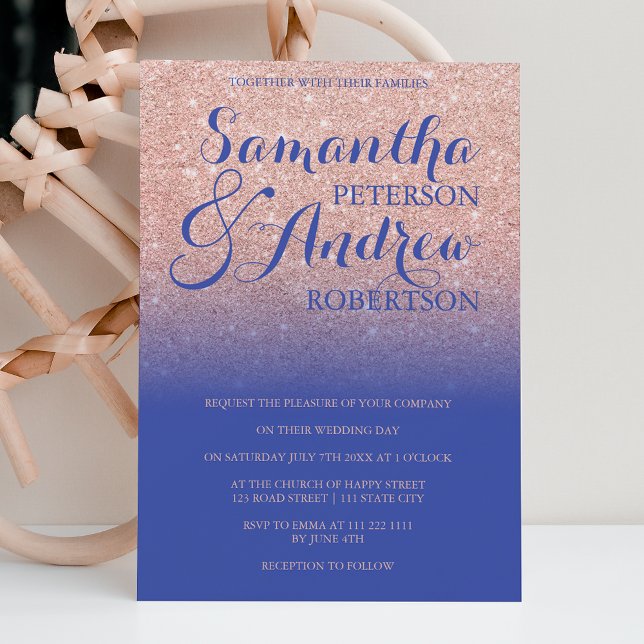 Convites Casamento azul real com rosa de gliters (Criador carregado)
