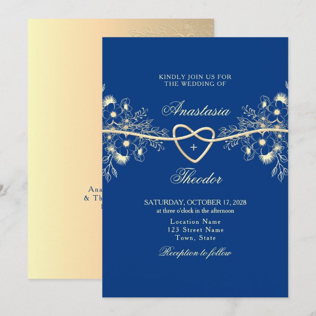 Convites Casamento Azul Real e Dourado (Frente/Verso)