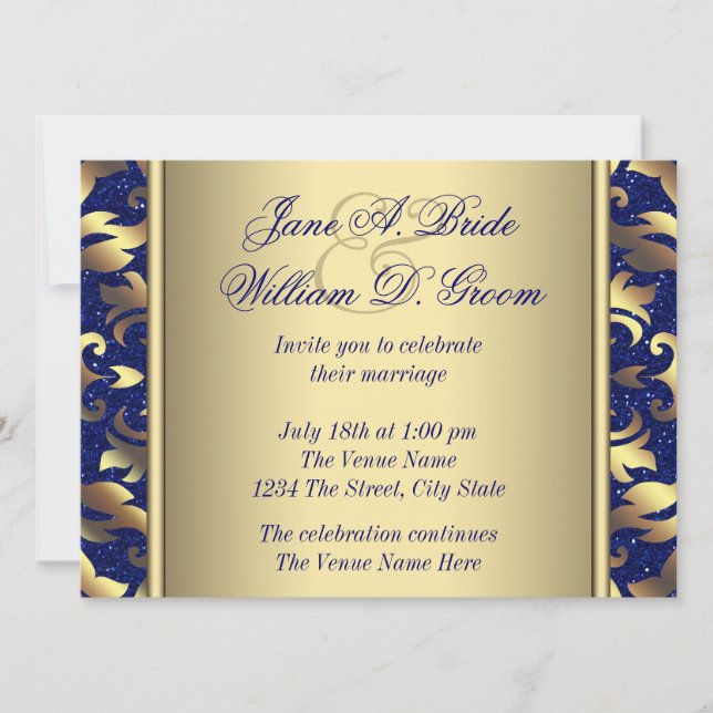 Convites Casamento Azul Real e Dourado (Frente)