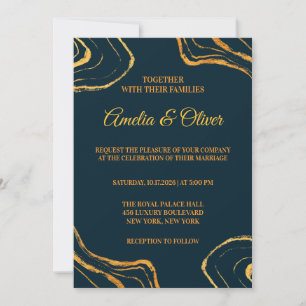 Convites Casamento Azul Real e Dourado Elegante