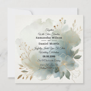Convites Casamento Azul-Romance com Ouro Suave