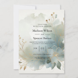 Convites Casamento Azul-Romance com Ouro Suave