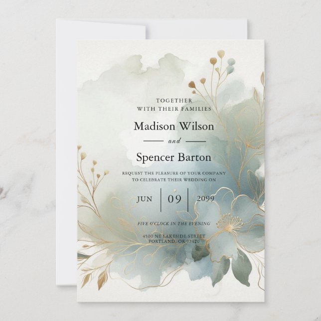 Convites Casamento Azul-Romance com Ouro Suave (Frente)