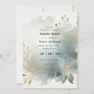 Convites Casamento Azul-Romance com Ouro Suave