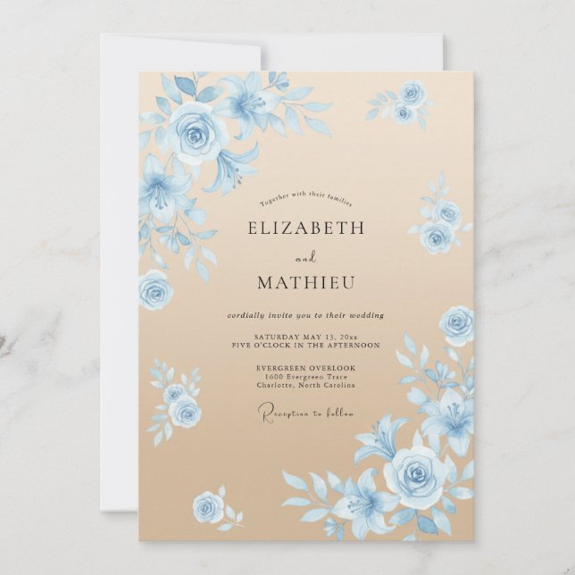 Convites Casamento Azul Romântico à Beira-Mar com Champanhe (Frente)