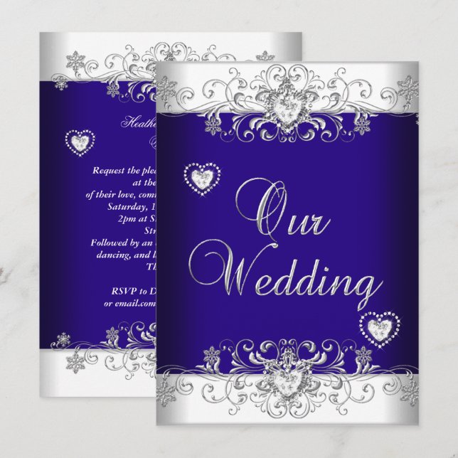 Convites Casamento Azul Royal Prata Diamante Corações 2 (Frente/Verso)
