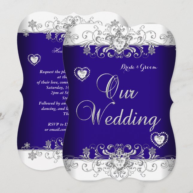 Convites Casamento Azul Royal Prata Diamante Corações b (Frente/Verso)