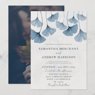 Convites Casamento Azul Rustic Watercolor Ginkgo Dusty