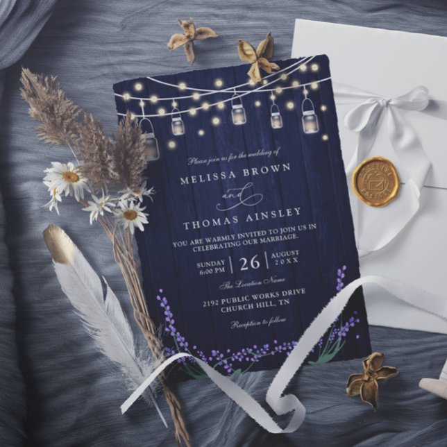 Convites Casamento Azul Rústico de Madeira Lavanda Elegante (Criador carregado)
