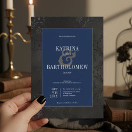 Convites Casamento Azul Satin Damask Negro Negro Negro Escu