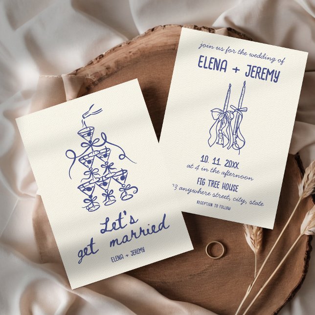 Convites Casamento Azul Simulado Retro Francês Simulado (Let's get married Funny Whimsical Quirky Hand Illustrated Blue French Vintage Wedding Invitation )