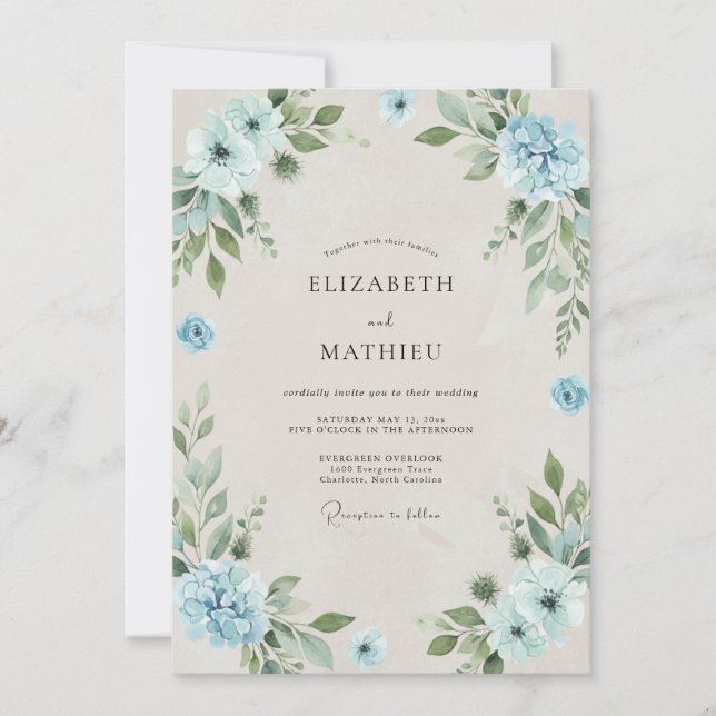 Convites Casamento Azul Suave de Centáurea e Folhas (Frente)