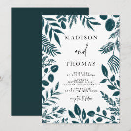 Convites Casamento Azul-Teal Botânico Elegante