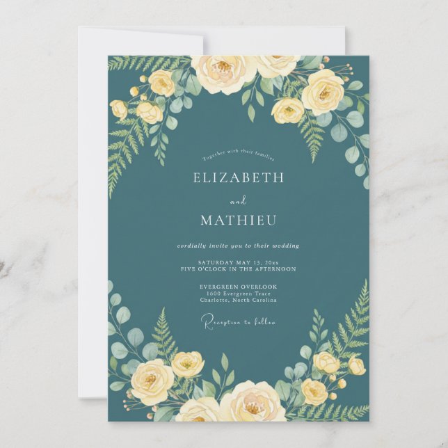 Convites Casamento Azul Teal Digno da Natureza (Frente)